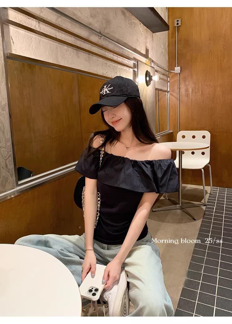 원본 것 2026 프랑스식 프릴 오프숄더 반팔 티셔츠 여성 여름 몸매 가꾸기 슬림해 보이는 오프숄더 맨위 트렌디 상세 이미지 9