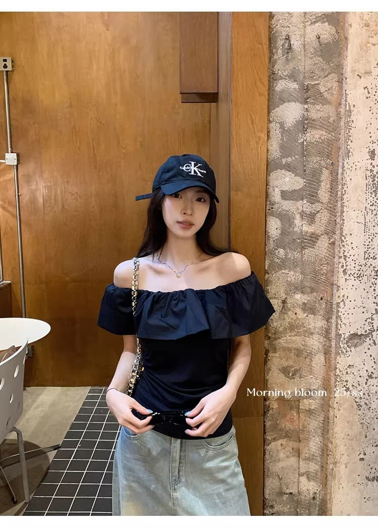 원본 것 2026 프랑스식 프릴 오프숄더 반팔 티셔츠 여성 여름 몸매 가꾸기 슬림해 보이는 오프숄더 맨위 트렌디 상세 이미지 10
