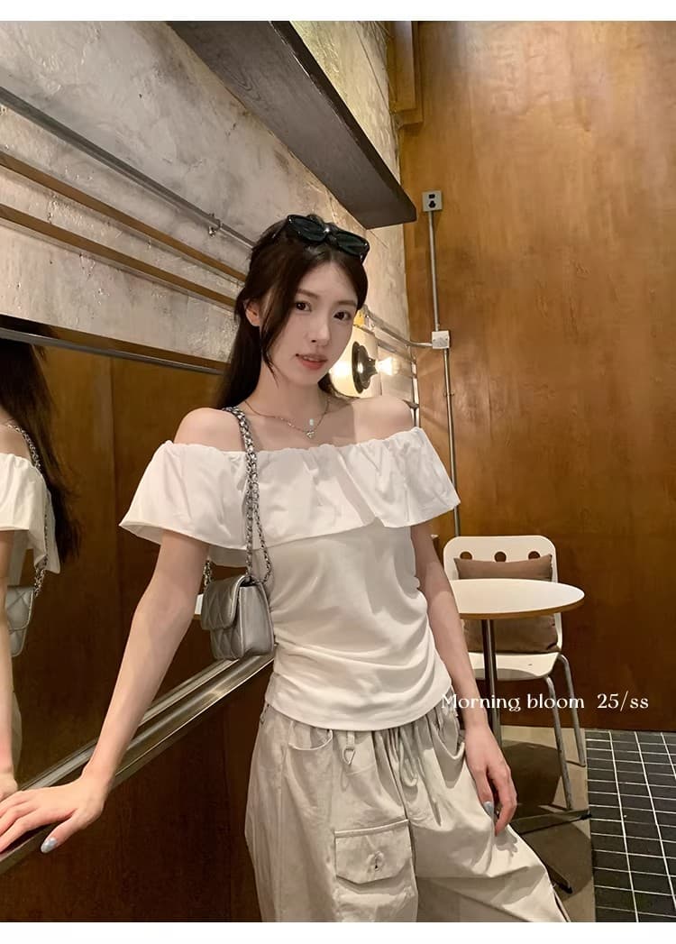 원본 것 2026 프랑스식 프릴 오프숄더 반팔 티셔츠 여성 여름 몸매 가꾸기 슬림해 보이는 오프숄더 맨위 트렌디 상세 이미지 13