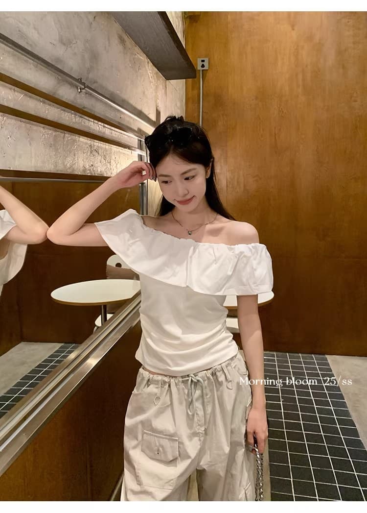 원본 것 2026 프랑스식 프릴 오프숄더 반팔 티셔츠 여성 여름 몸매 가꾸기 슬림해 보이는 오프숄더 맨위 트렌디 상세 이미지 14