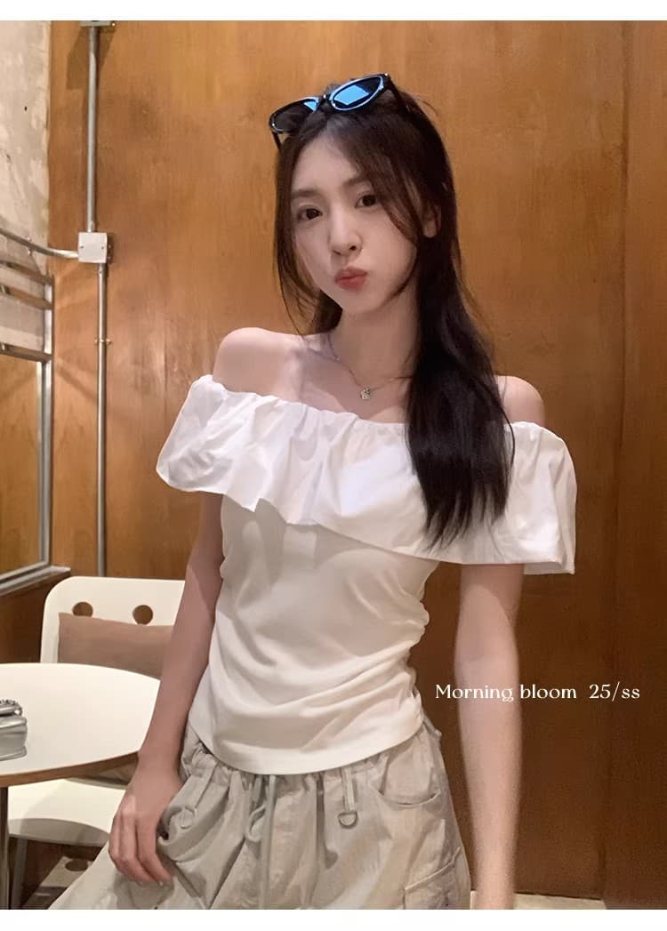 원본 것 2026 프랑스식 프릴 오프숄더 반팔 티셔츠 여성 여름 몸매 가꾸기 슬림해 보이는 오프숄더 맨위 트렌디 상세 이미지 16