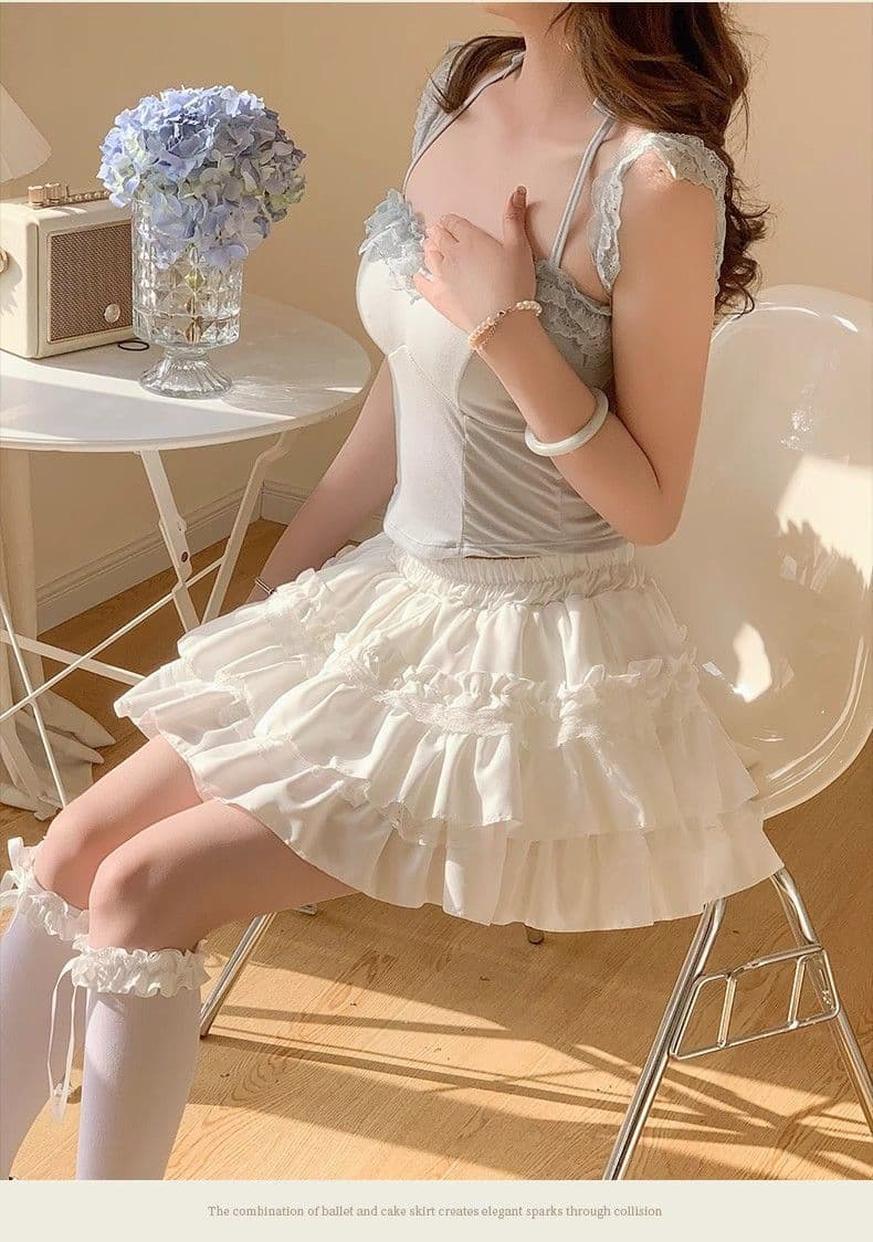 원본 원단 레이스 케이크 퍼프 스커트 여성 달콤함 반신 스커트 A라인 스커트 하이웨이스트 슬림해 보이는 발레 바람 미니 스커트 상세 이미지 12