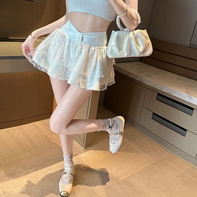 원본 원단 화이트 발레 바람 나비 매듭 하이웨이스트 레이스 반신 스커트 프릴 퍼프 한 마디 짧은 치마바지 이미지 5