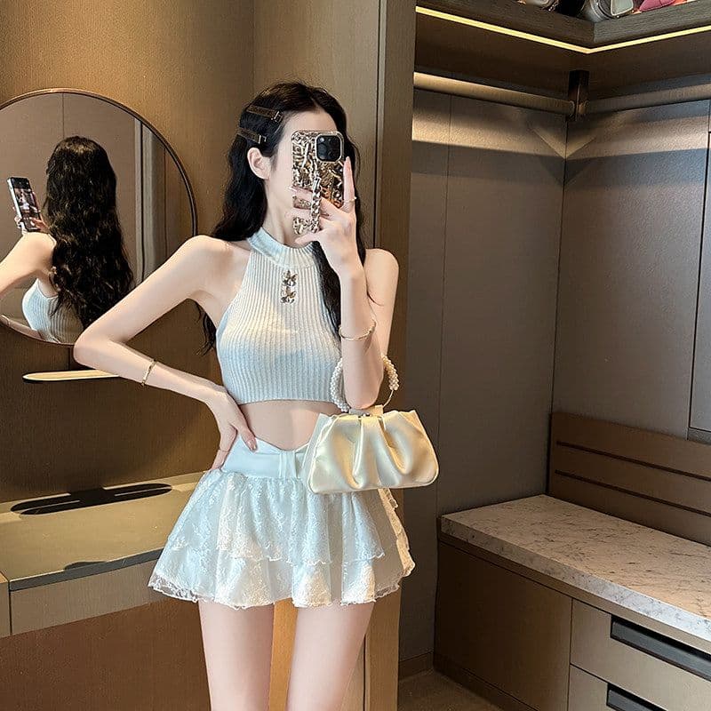 원본 원단 화이트 발레 바람 나비 매듭 하이웨이스트 레이스 반신 스커트 프릴 퍼프 한 마디 짧은 치마바지 상세 이미지 2