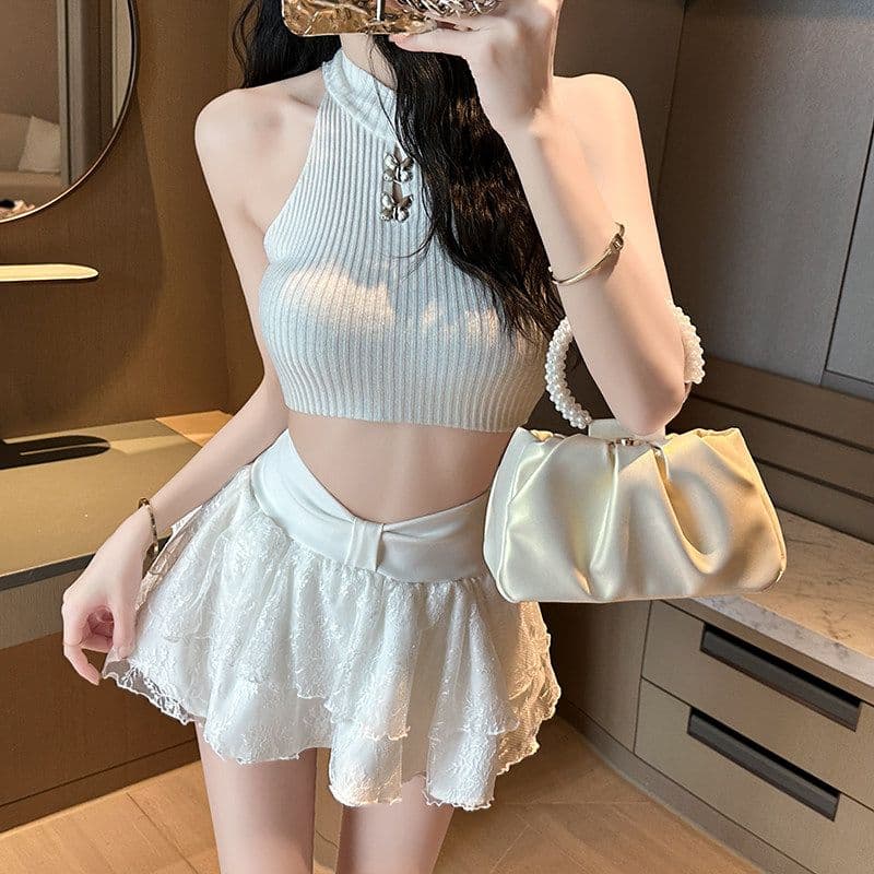 원본 원단 화이트 발레 바람 나비 매듭 하이웨이스트 레이스 반신 스커트 프릴 퍼프 한 마디 짧은 치마바지 상세 이미지 3
