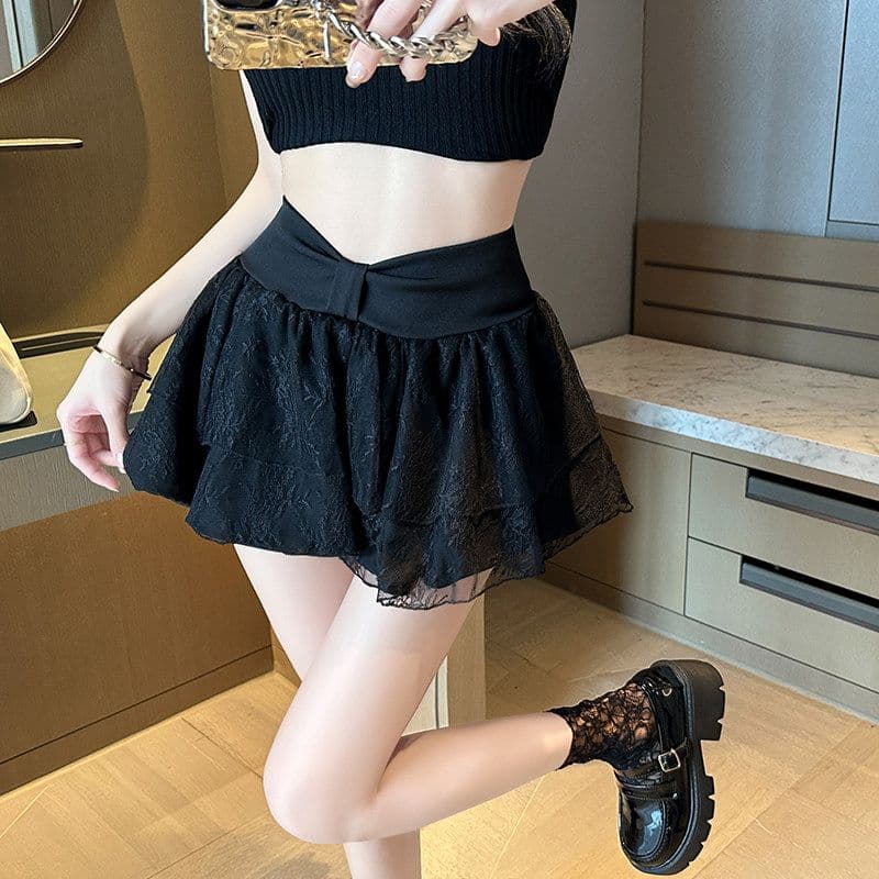 원본 원단 화이트 발레 바람 나비 매듭 하이웨이스트 레이스 반신 스커트 프릴 퍼프 한 마디 짧은 치마바지 상세 이미지 15