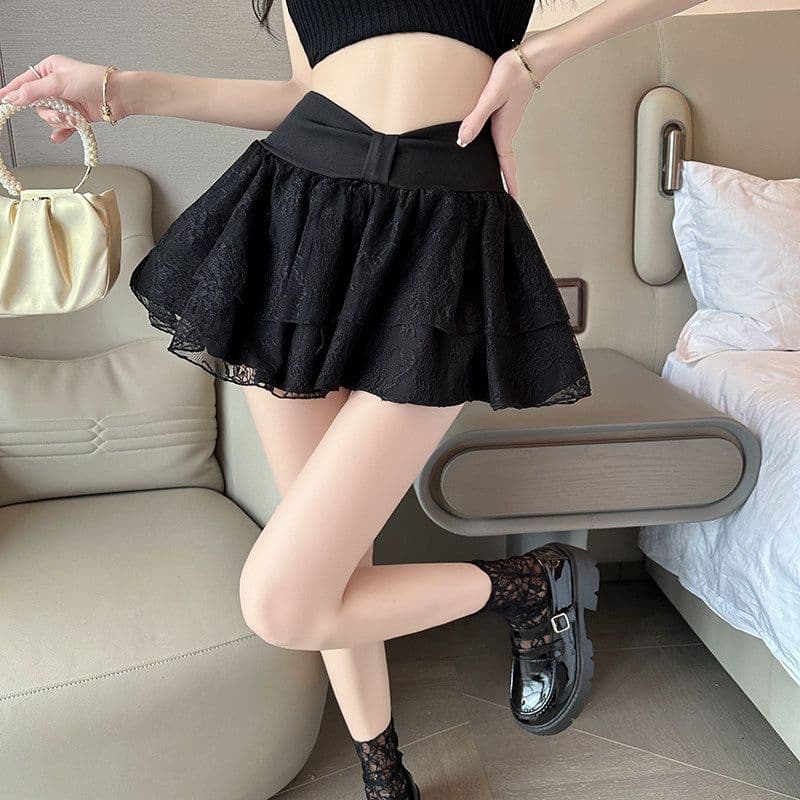 원본 원단 화이트 발레 바람 나비 매듭 하이웨이스트 레이스 반신 스커트 프릴 퍼프 한 마디 짧은 치마바지 상세 이미지 20