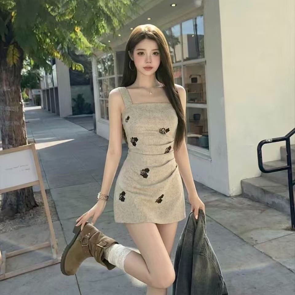 프랑스식 레트로 프린트 광장 칼라 슬립 여성 드레스 고급 센스 꼬집기 허리 슬림해 보이는 짧은 치마 여름 새로운 이미지 5
