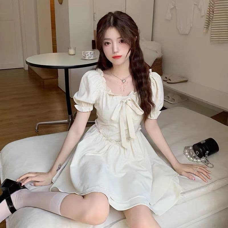 달콤함 슈퍼 요정 작은 키 2026 이중층 퍼프 미니 스커트 여성 여름 단색 프릴 거품 소매 허리 수축 드레스 이미지 3