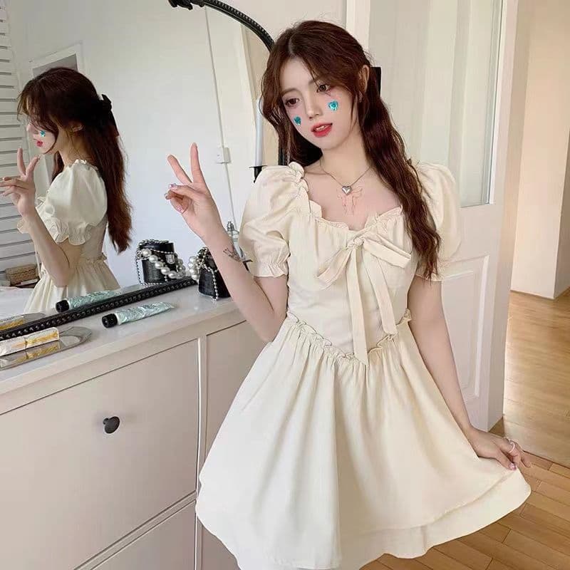 달콤함 슈퍼 요정 작은 키 2026 이중층 퍼프 미니 스커트 여성 여름 단색 프릴 거품 소매 허리 수축 드레스 이미지 2