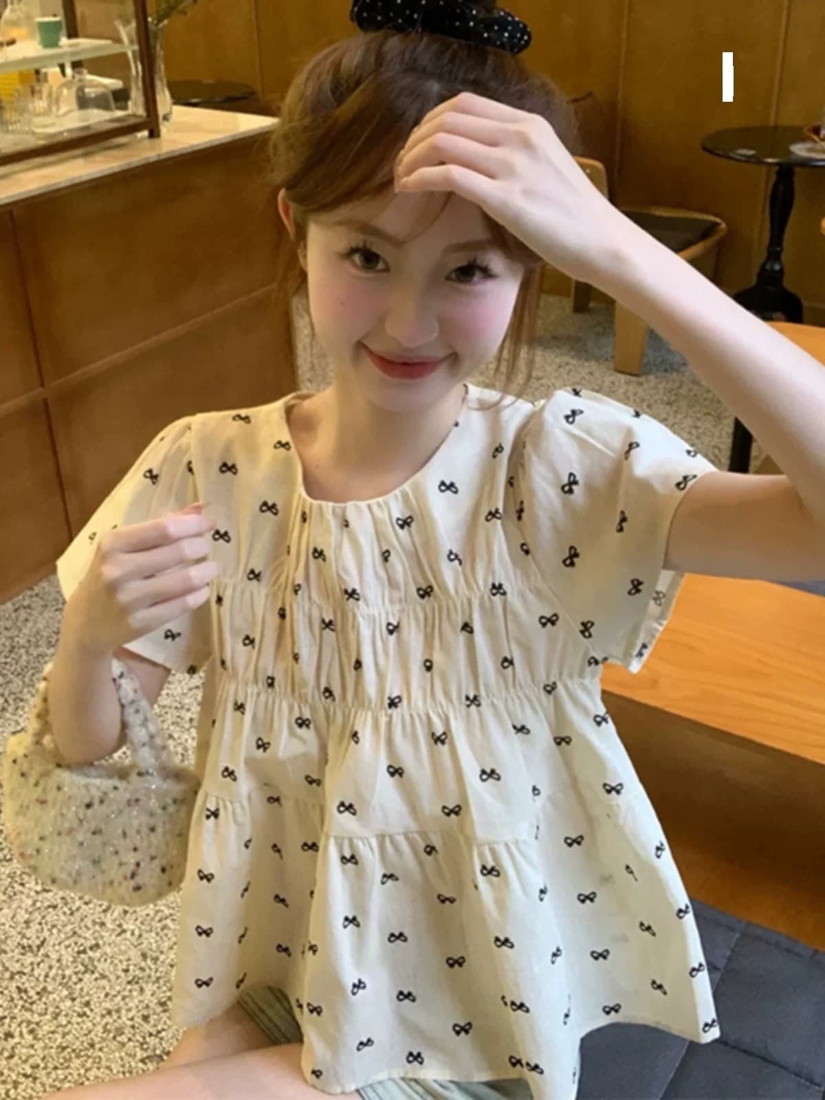 일본식 달콤함 반팔 꽃무늬 여성 셔츠 여름 고급 센스 빛 럭셔리 인형 셔츠 루즈핏 작은 키 주름 맨위 상세 이미지 5