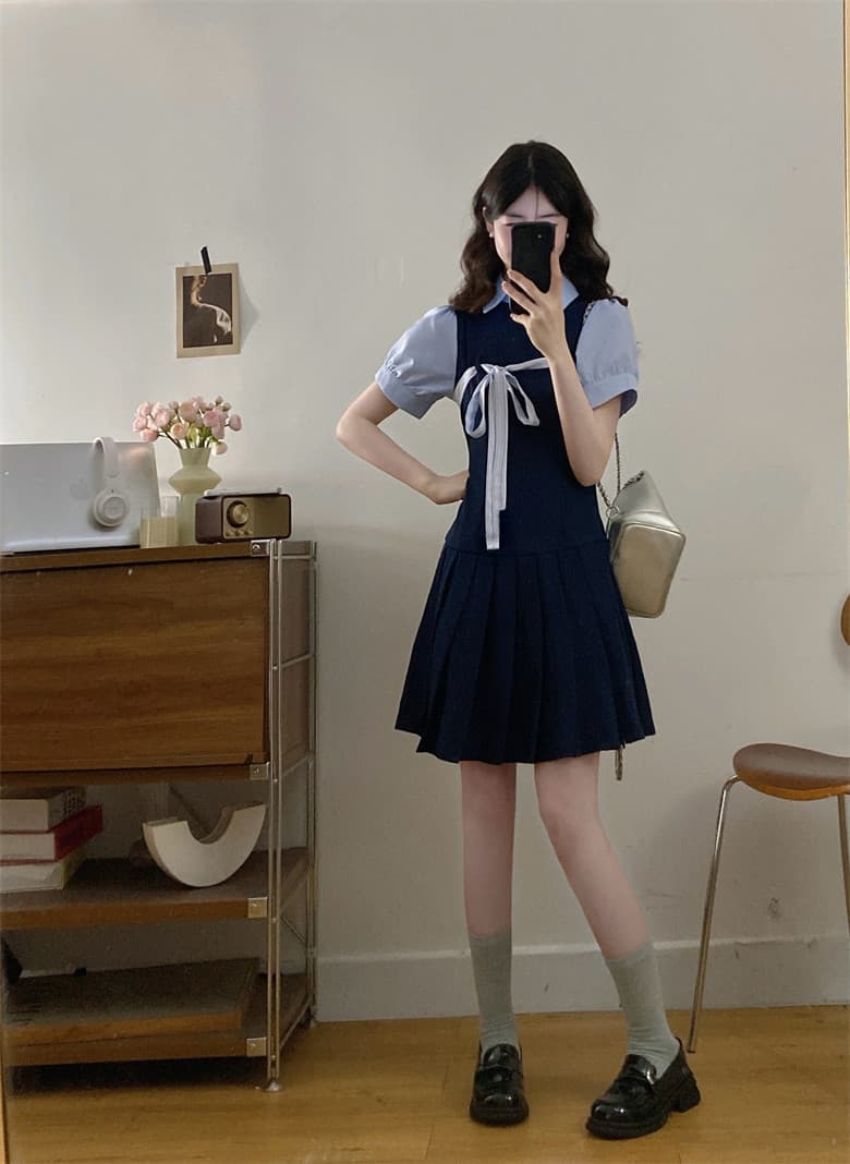 달콤함 miu 부서 학원 스타일 해군 여성 드레스 초여름 새로운 페이크 레이어드 디자인 센스 플리츠 짧은 치마 상세 이미지 8