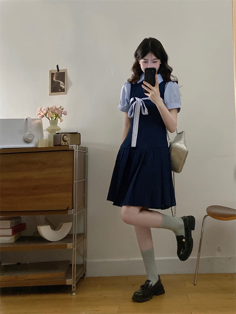 달콤함 miu 부서 학원 스타일 해군 여성 드레스 초여름 새로운 페이크 레이어드 디자인 센스 플리츠 짧은 치마 상세 이미지 9