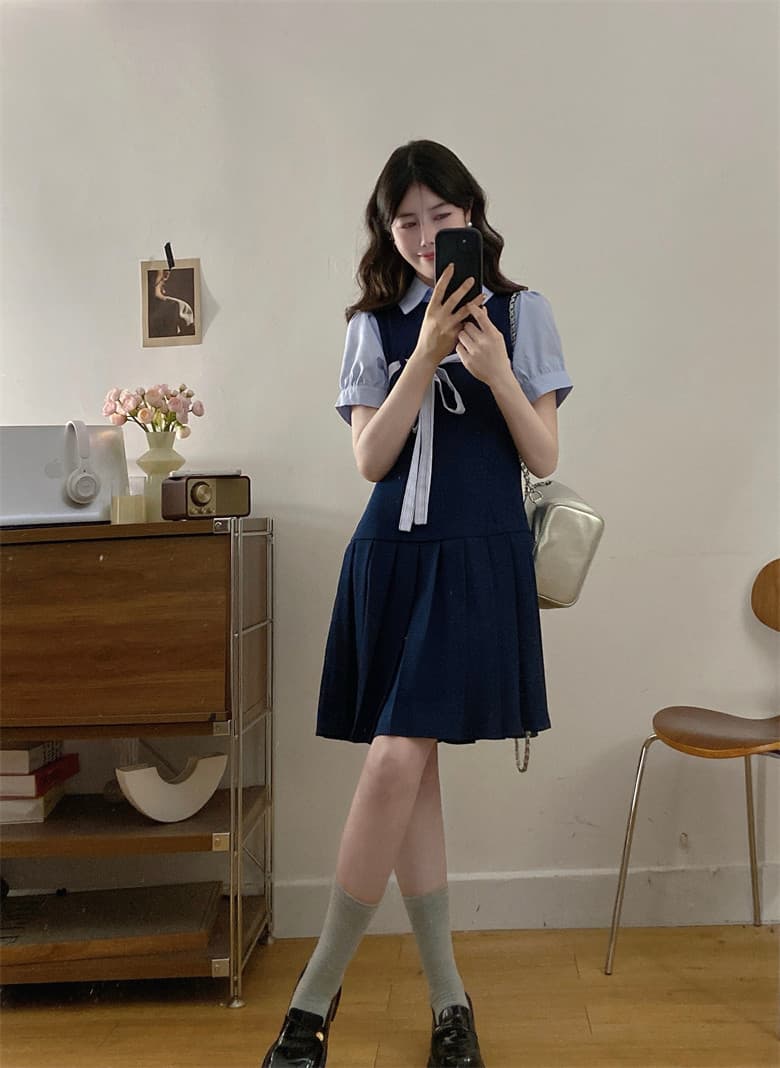 달콤함 miu 부서 학원 스타일 해군 여성 드레스 초여름 새로운 페이크 레이어드 디자인 센스 플리츠 짧은 치마 상세 이미지 10