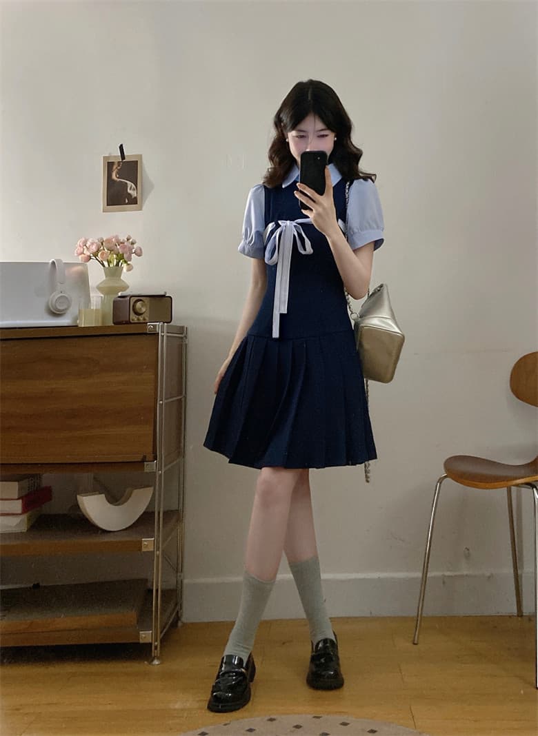 달콤함 miu 부서 학원 스타일 해군 여성 드레스 초여름 새로운 페이크 레이어드 디자인 센스 플리츠 짧은 치마 상세 이미지 13