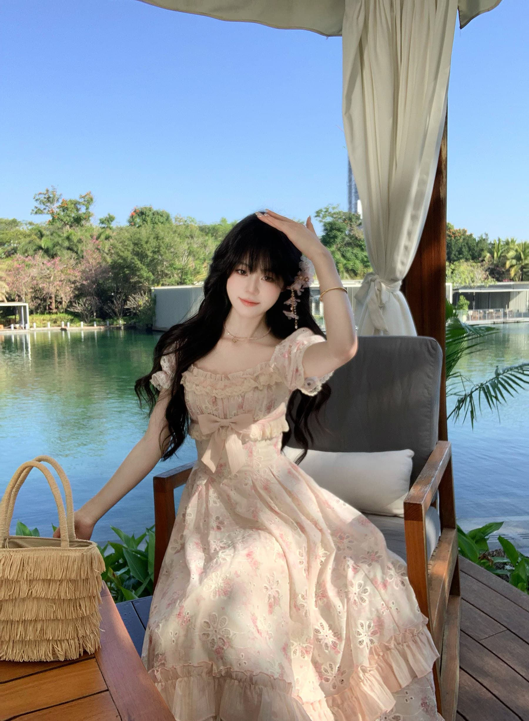 blovelan 릴리 앤 꽃 지름 휴가 바람 홀로우 아웃 자수 허리 수축 롱 스커트 프랑스식 소녀 꽃무늬 드레스