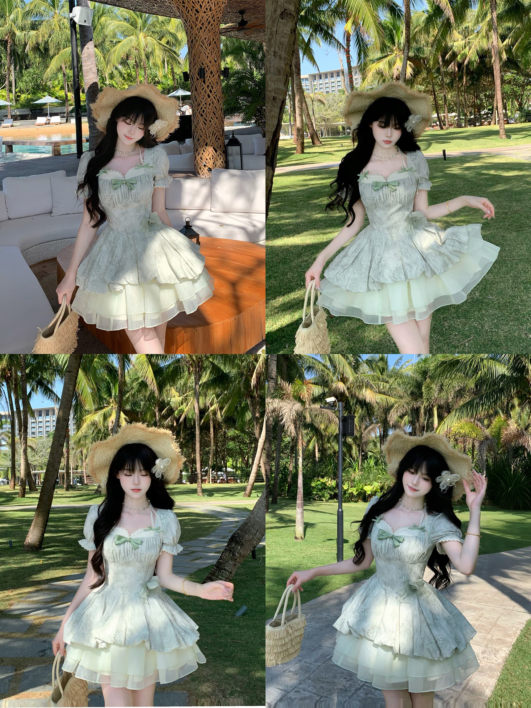 blovelan 녹색 레몬 얼음 코코넛 작은 청신 레이스 거품 소매 자카드 허리 수축 소녀 공주 퍼프 드레스 상세 이미지 8