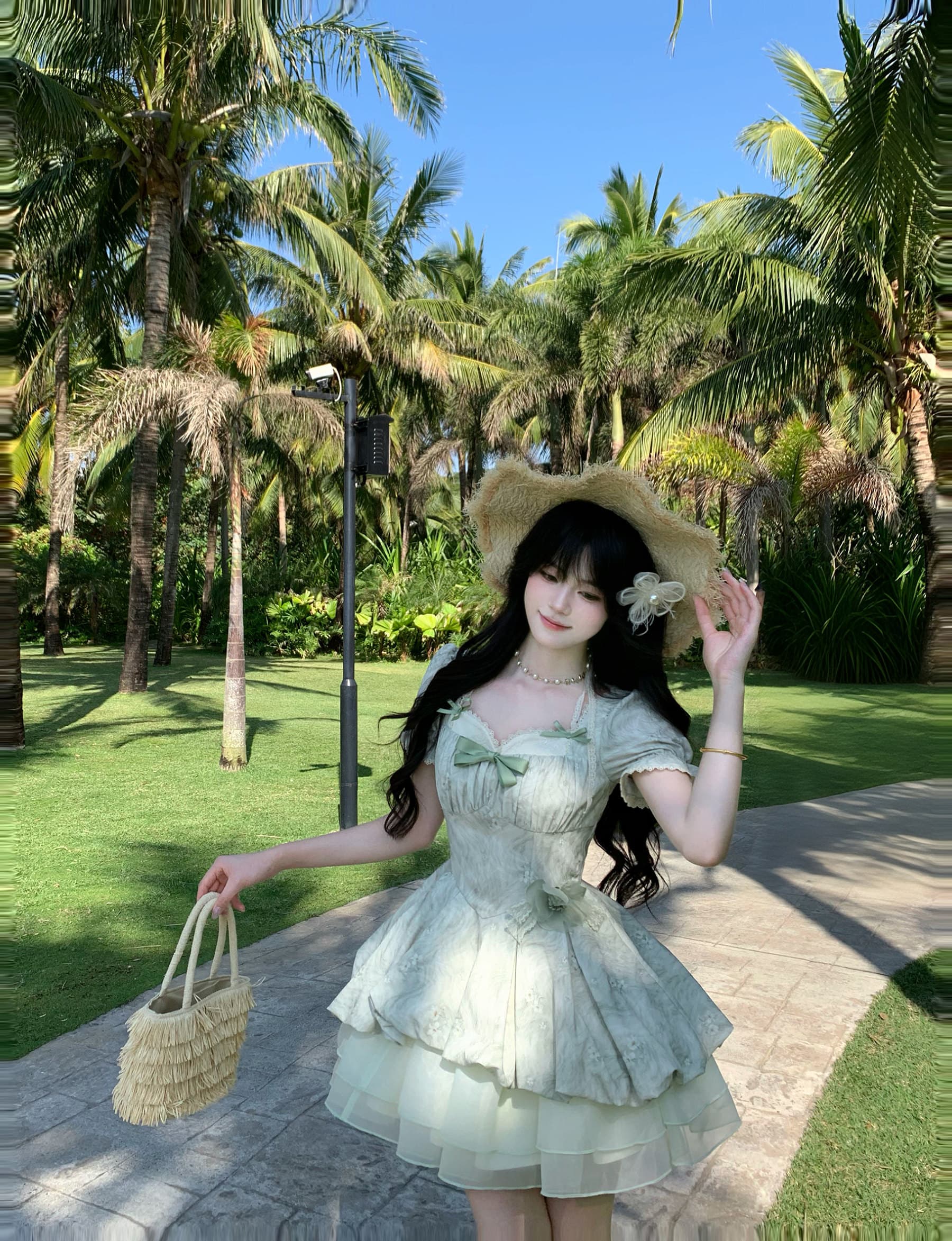 blovelan 녹색 레몬 얼음 코코넛 작은 청신 레이스 거품 소매 자카드 허리 수축 소녀 공주 퍼프 드레스 상세 이미지 11