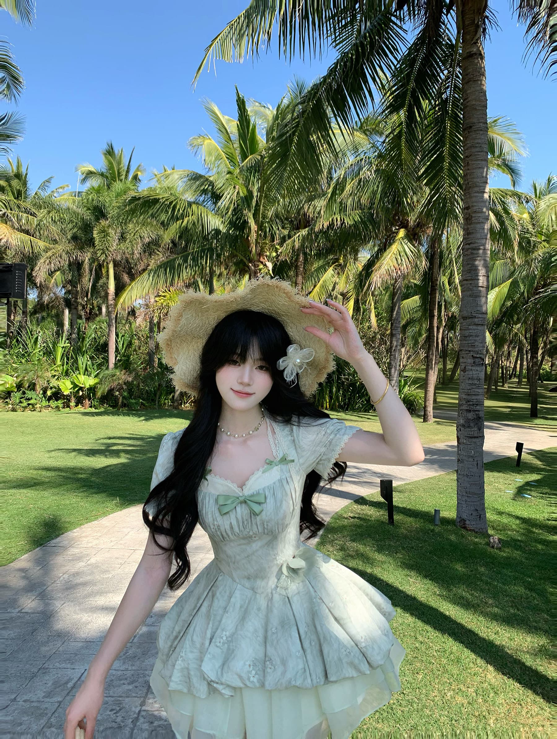 blovelan 녹색 레몬 얼음 코코넛 작은 청신 레이스 거품 소매 자카드 허리 수축 소녀 공주 퍼프 드레스 상세 이미지 12