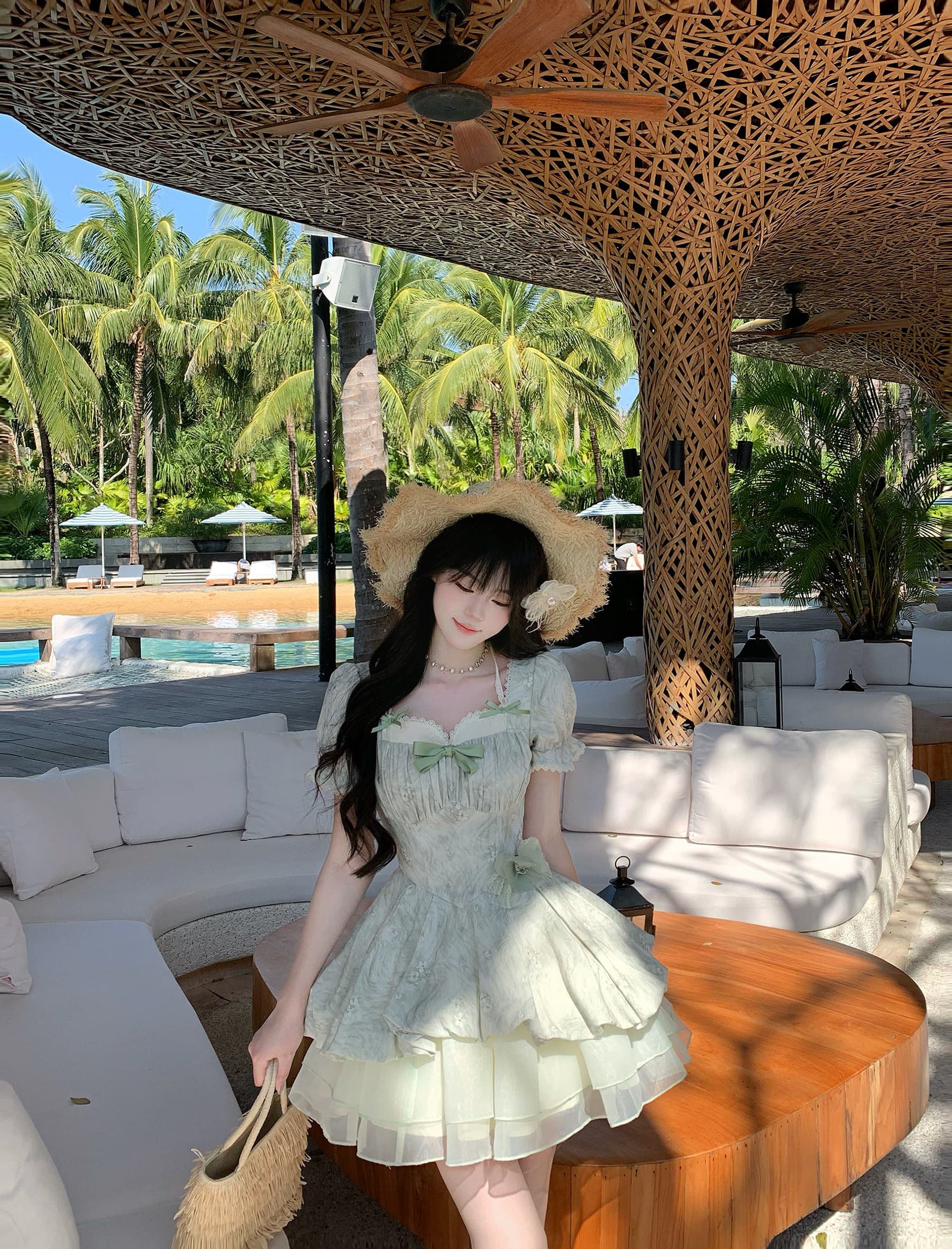 blovelan 녹색 레몬 얼음 코코넛 작은 청신 레이스 거품 소매 자카드 허리 수축 소녀 공주 퍼프 드레스 상세 이미지 14