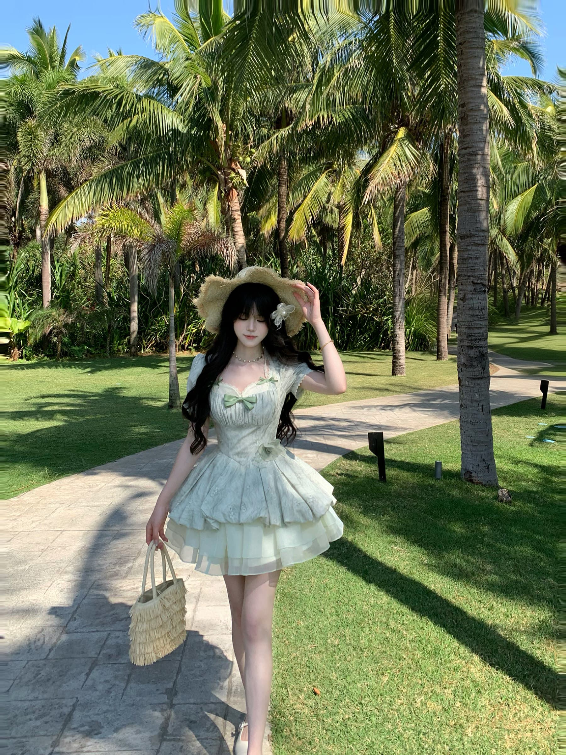 blovelan 녹색 레몬 얼음 코코넛 작은 청신 레이스 거품 소매 자카드 허리 수축 소녀 공주 퍼프 드레스 상세 이미지 19