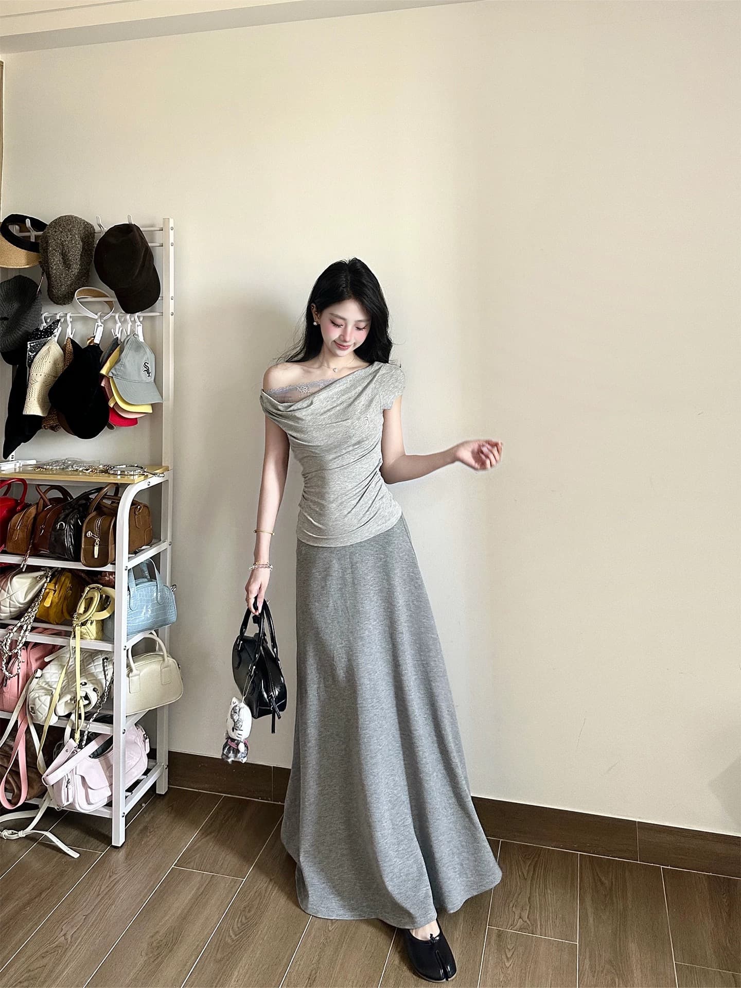 회색 비스듬한 어깨 오프숄더 프랑스식 드레스 아이들 여름 한 부서 그레이트 통해보기 가져 가라. 에이즈 환자 세트 아름다운 롱 스커트 상세 이미지 3