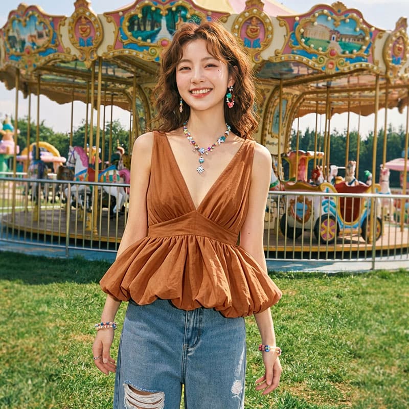 꽃밭 캐미솔 여름 순수한 욕망 핫걸 V넥 행침 목 퍼프 작은 맨위 고유 한 아름다운 작은 셔츠 상세 이미지 1