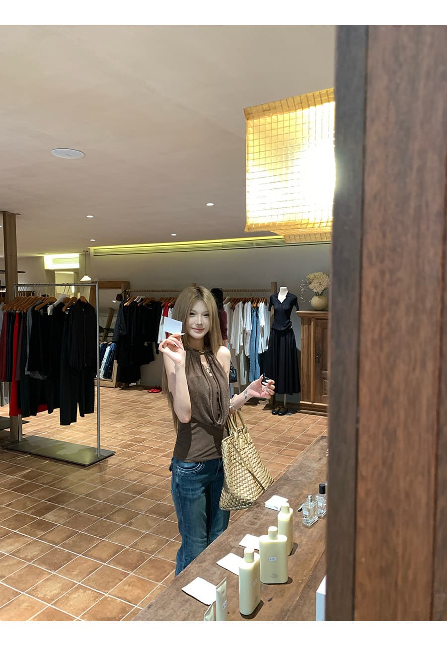 원본 솜씨 원단 캐미솔 여름 핫걸 착용 가져 가라. 백리스 민소매 흔들다 칼라 행침 목 민소매 맨위 상세 이미지 5