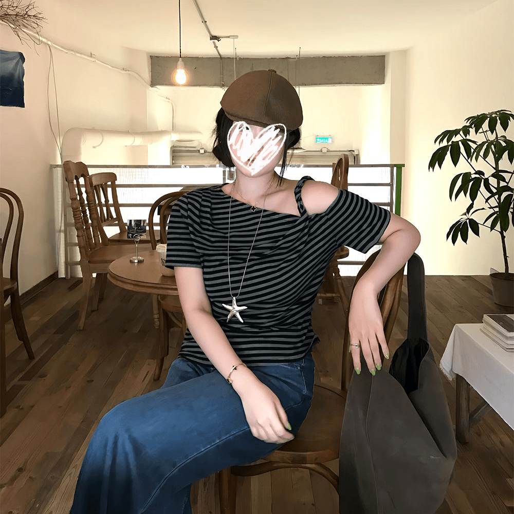 디자인 센스 작은 대중 오프숄더 반팔 티셔츠 여성 여름 새로운 비스듬한 어깨 몸매 가꾸기 슬림해 보이는 캐주얼 다용도 맨위 상세 이미지 6
