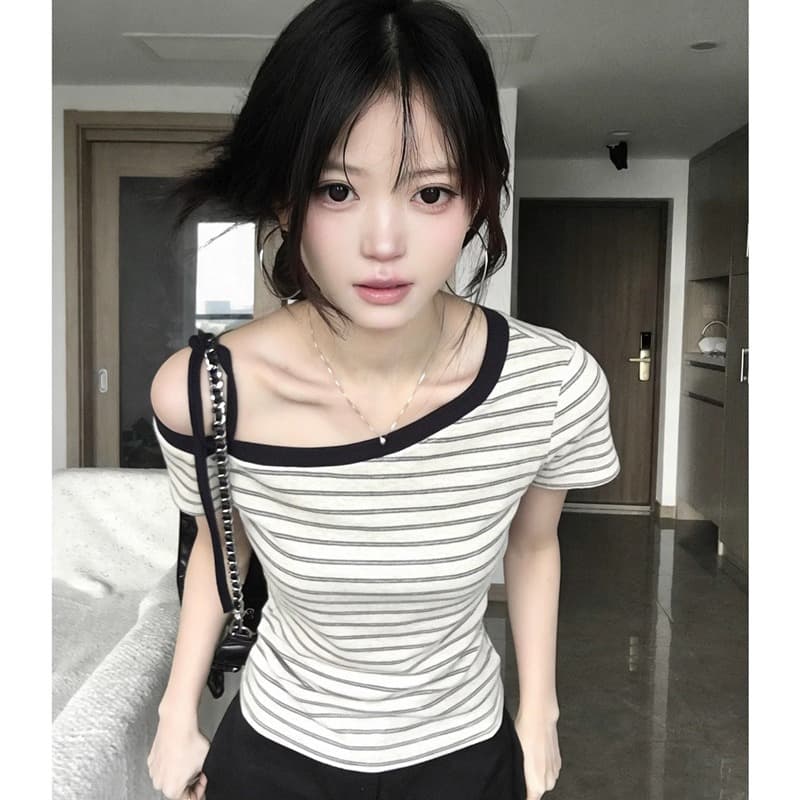 원본 컬러 짜임 기사 95 면 5 암모니아 Lun 스트라이프 비스듬한 어깨 반팔 티셔츠 여름 섹션 몸매 가꾸기 슬림해 보이는 디자인 센스 맨위 이미지 2