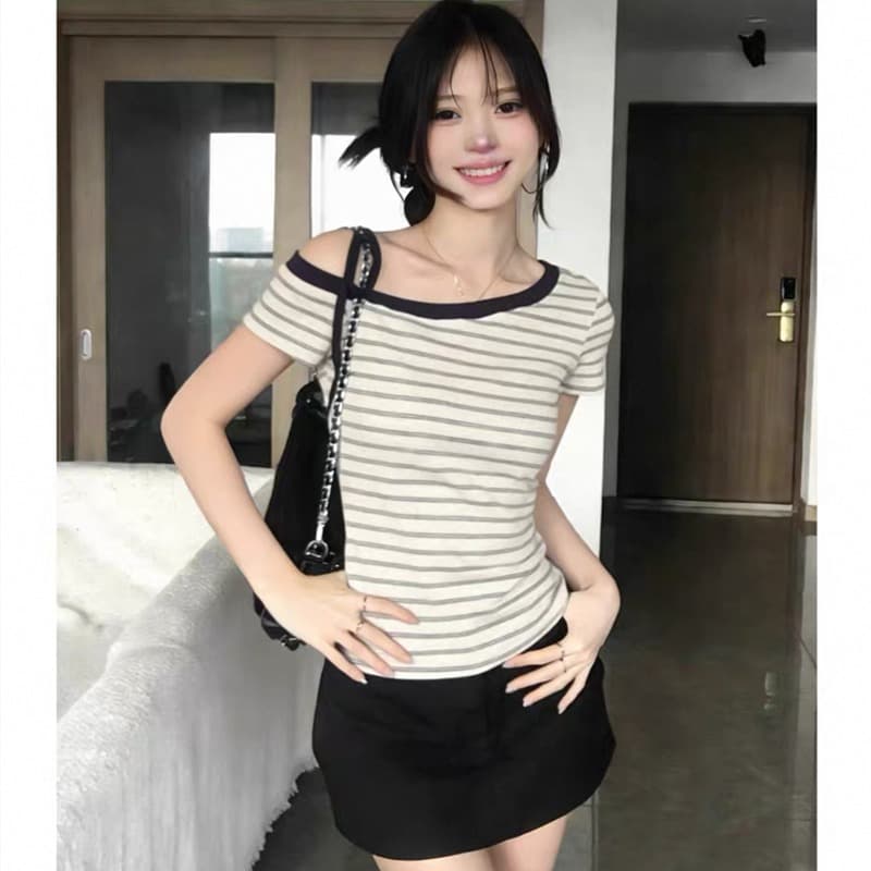 원본 컬러 짜임 기사 95 면 5 암모니아 Lun 스트라이프 비스듬한 어깨 반팔 티셔츠 여름 섹션 몸매 가꾸기 슬림해 보이는 디자인 센스 맨위 이미지 4