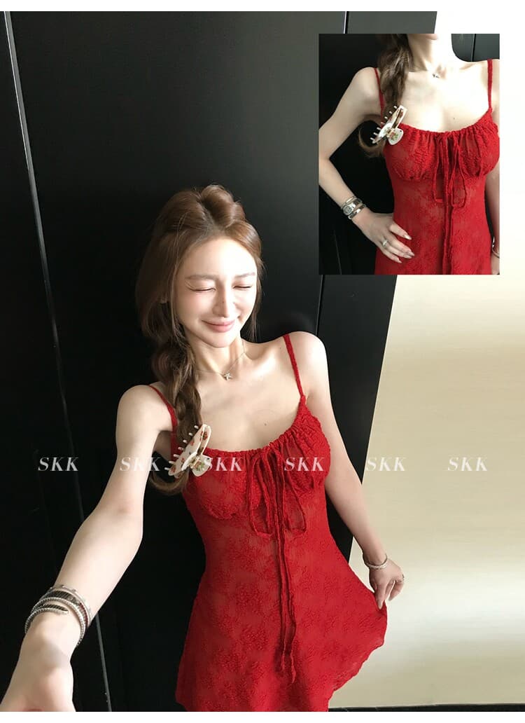 핫걸 품격 레이스업 허리 수축 슬립 드레스 여성 여름 로드 중 3 차원 자카드 질감 슬립 미니 스커트 민소매 드레스