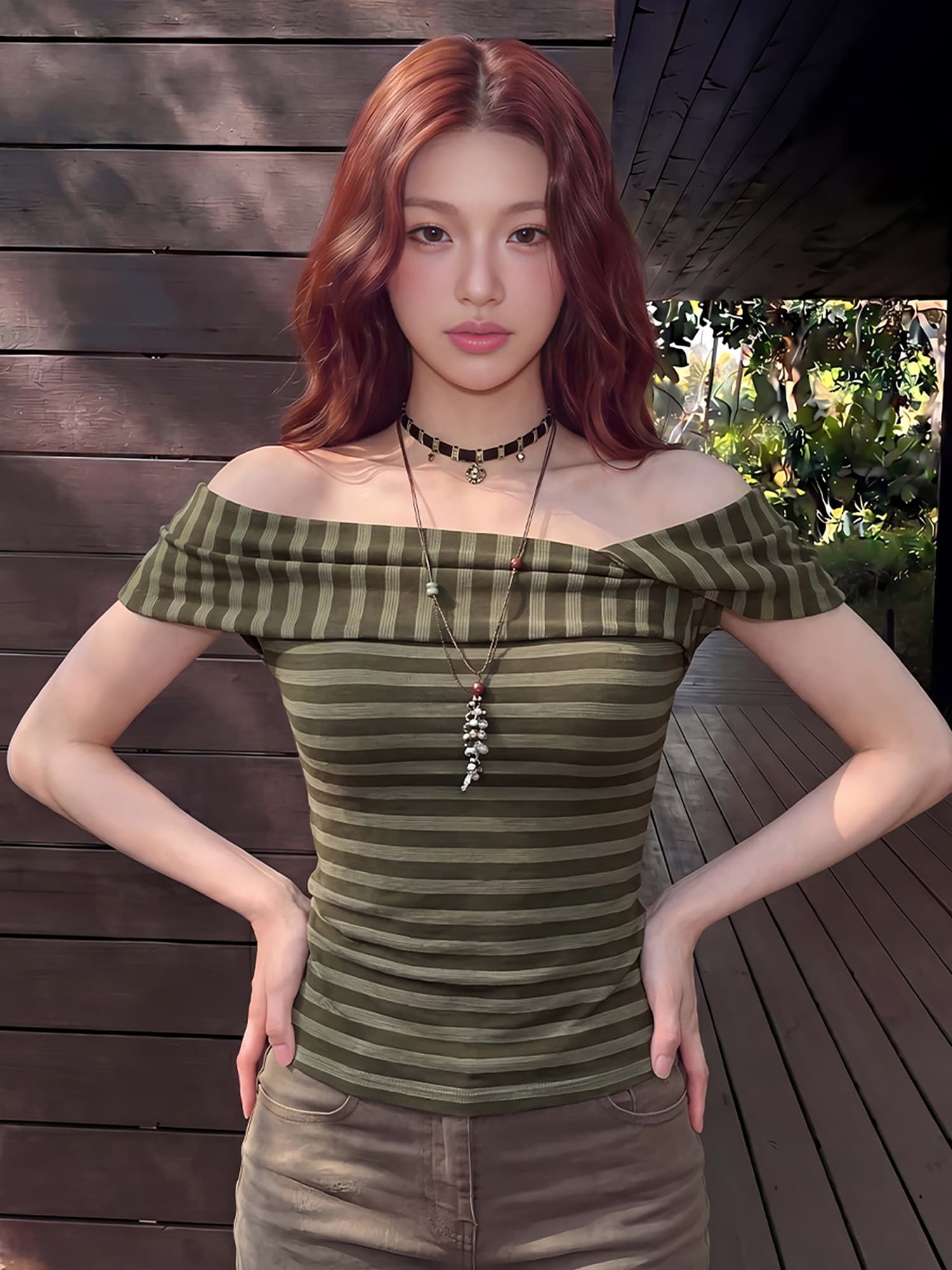 원본 원단 스트라이프 오프숄더 반팔 티셔츠 여성 여름 몸매 가꾸기 슬림해 보이는 오프숄더 맨위 레트로 핫걸 작은 셔츠 이미지 3