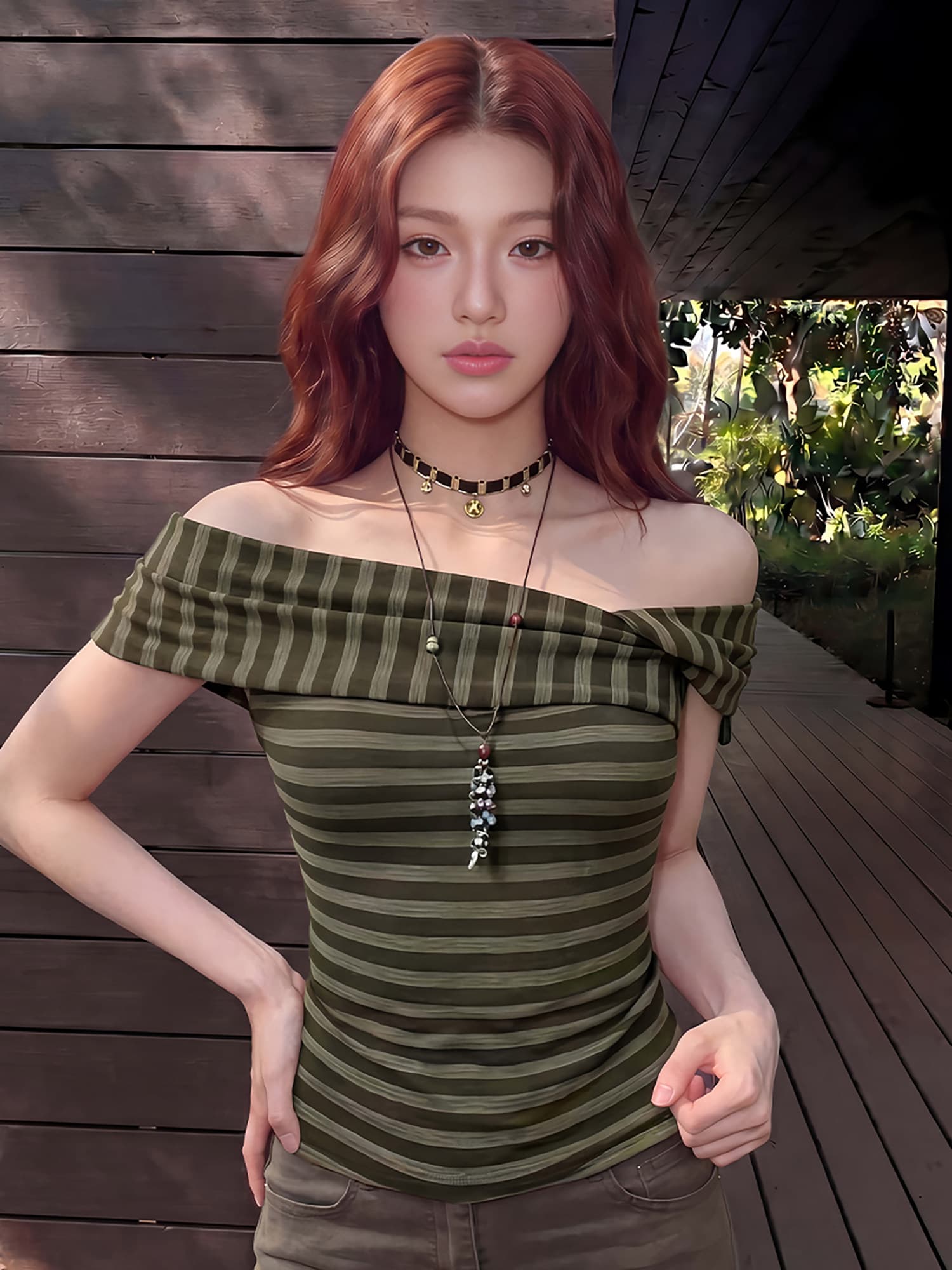 원본 원단 스트라이프 오프숄더 반팔 티셔츠 여성 여름 몸매 가꾸기 슬림해 보이는 오프숄더 맨위 레트로 핫걸 작은 셔츠 상세 이미지 2
