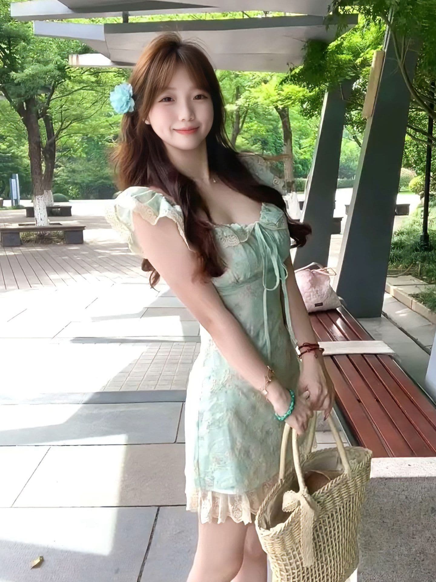 도파민 박하 녹색 꽃무늬 여성 드레스 여름 부드러운 바람 레이스 조각 작은 날다 소매 허리 수축 퍼프 미니 스커트 상세 이미지 5