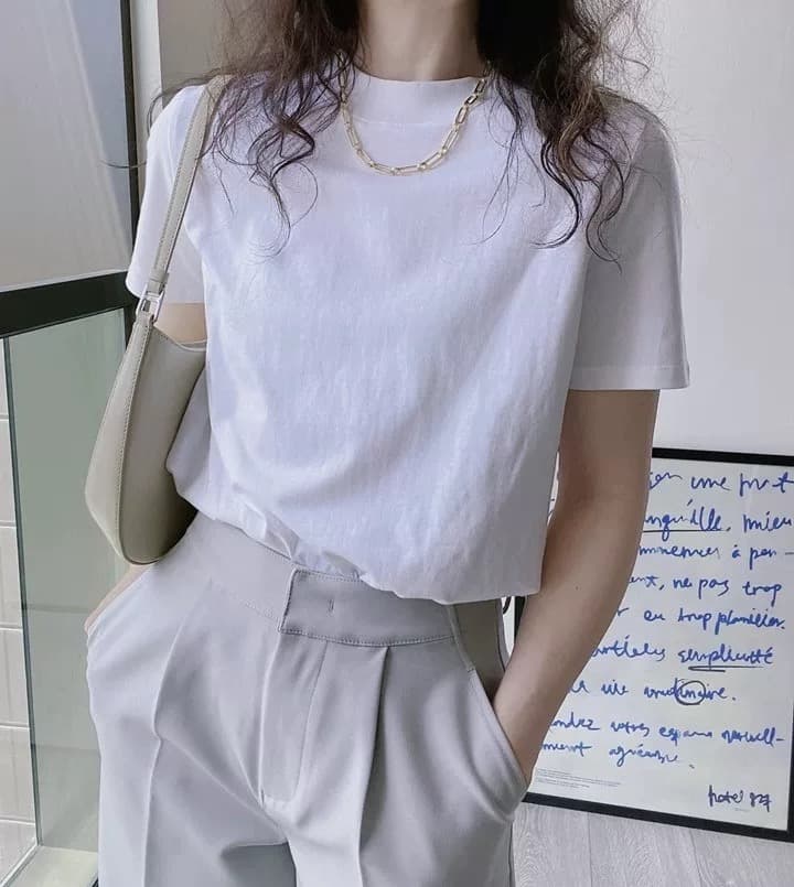면 소재 화이트 반소매 긍정적 인 어깨 티셔츠 여성 여름 새로운 기초 섹션 작은 스탠드 칼라 반팔 맨위 상세 이미지 4