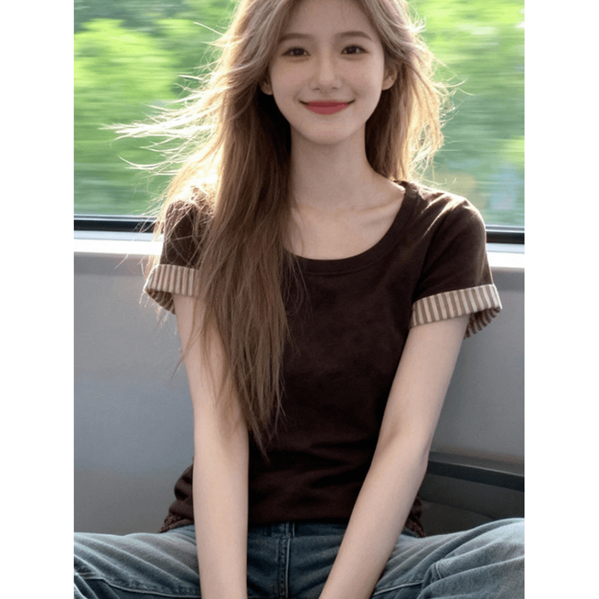 개성 커피 색상 스트라이프 커프스 티셔츠 여성 봄 여름 새로운 라운드 넥 배색 디자인 연령 감소 슬림해 보이는 달콤한 자매 바람 맨위 이미지 4