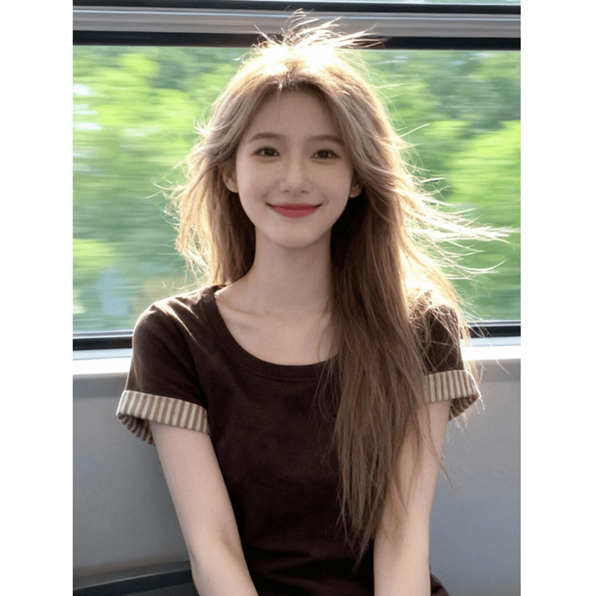 개성 커피 색상 스트라이프 커프스 티셔츠 여성 봄 여름 새로운 라운드 넥 배색 디자인 연령 감소 슬림해 보이는 달콤한 자매 바람 맨위 이미지 5