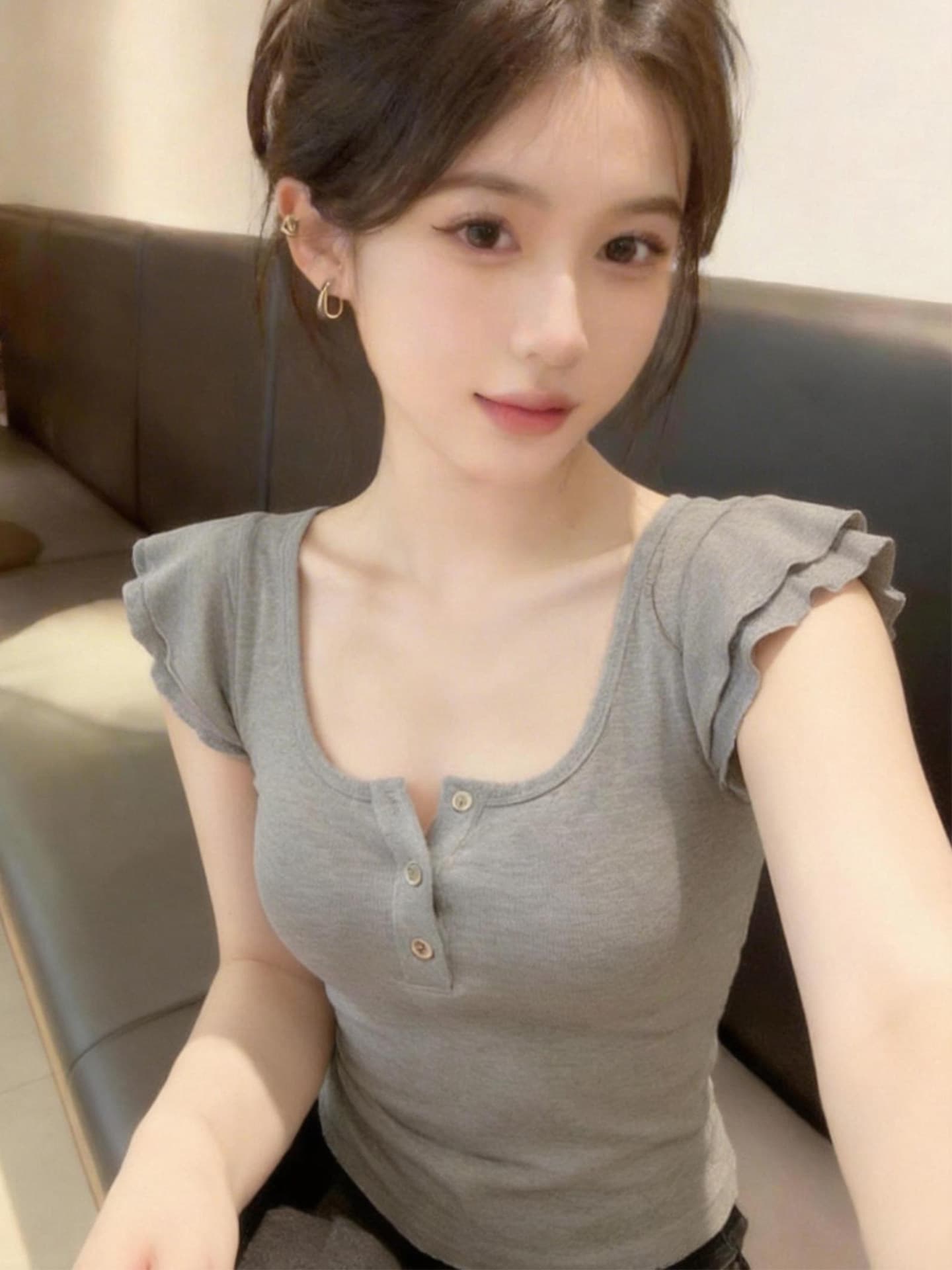 순수한 욕망 회색 u 칼라 작은 날다 소매 반팔 티셔츠 여성 2026 여름 새로운 자이언트 잘 생긴 ~ 중 몸매 가꾸기 맨위 아니요 명중 섹션 상세 이미지 7