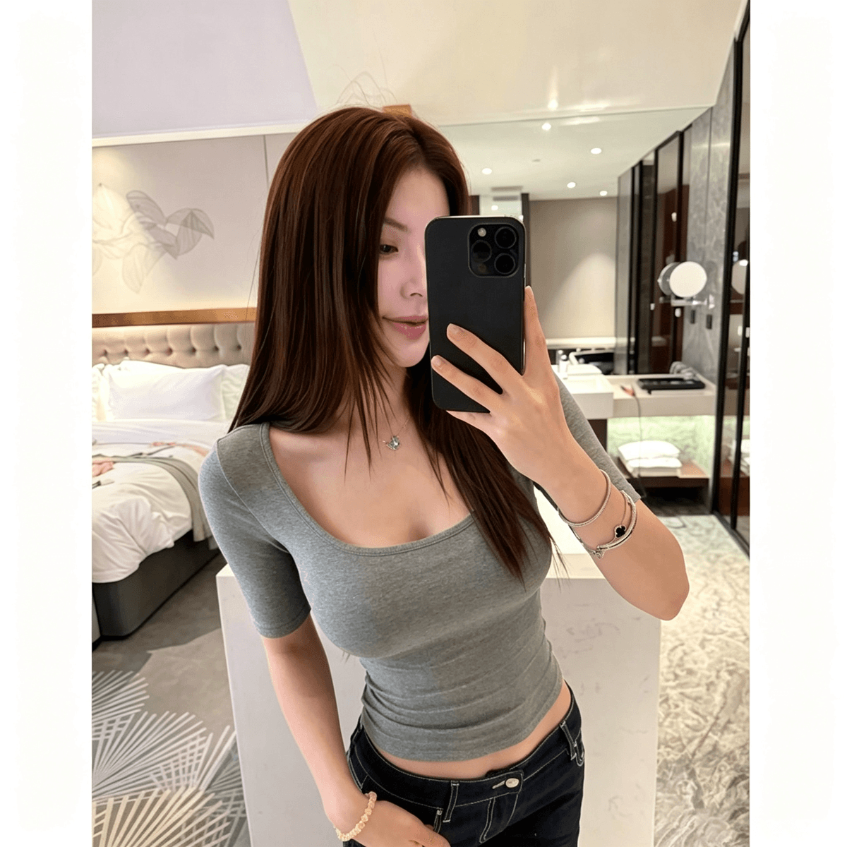 순수한 욕망 핫걸 u 칼라 몸매 가꾸기 긍정적 인 어깨 중간 소매 티셔츠 여성용 짧은 소매 여름 슬림해 보이는 다용도 타이트 짧은 반쪽 소매 맨위 이미지 5