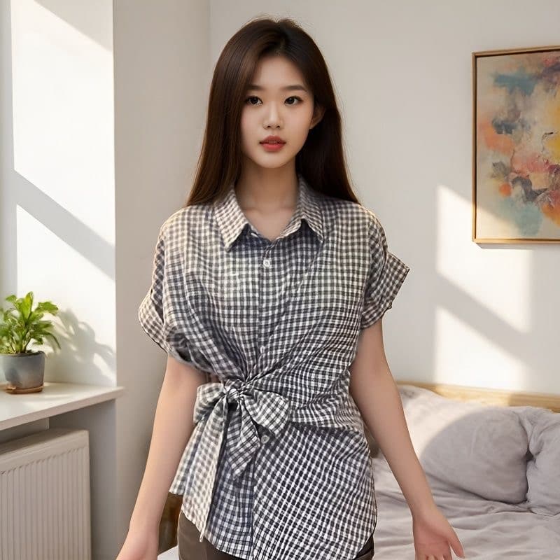 체크무늬 나비 매듭 스트랩 POLO 칼라 반팔 여성 셔츠 여름 작은 키 몸매 가꾸기 고급 캐주얼 맨위 상세 이미지 2