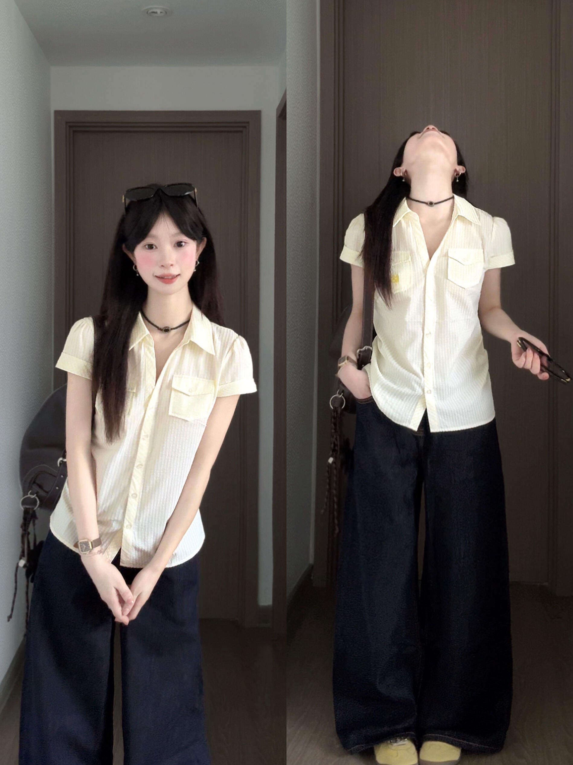 경관 그림 정가 한 부서 미니멀리즘 폴로 칼라 반팔 여성 셔츠 여름 품격 몸매 가꾸기 슬림해 보이는 캐주얼 패션 맨위 상세 이미지 2
