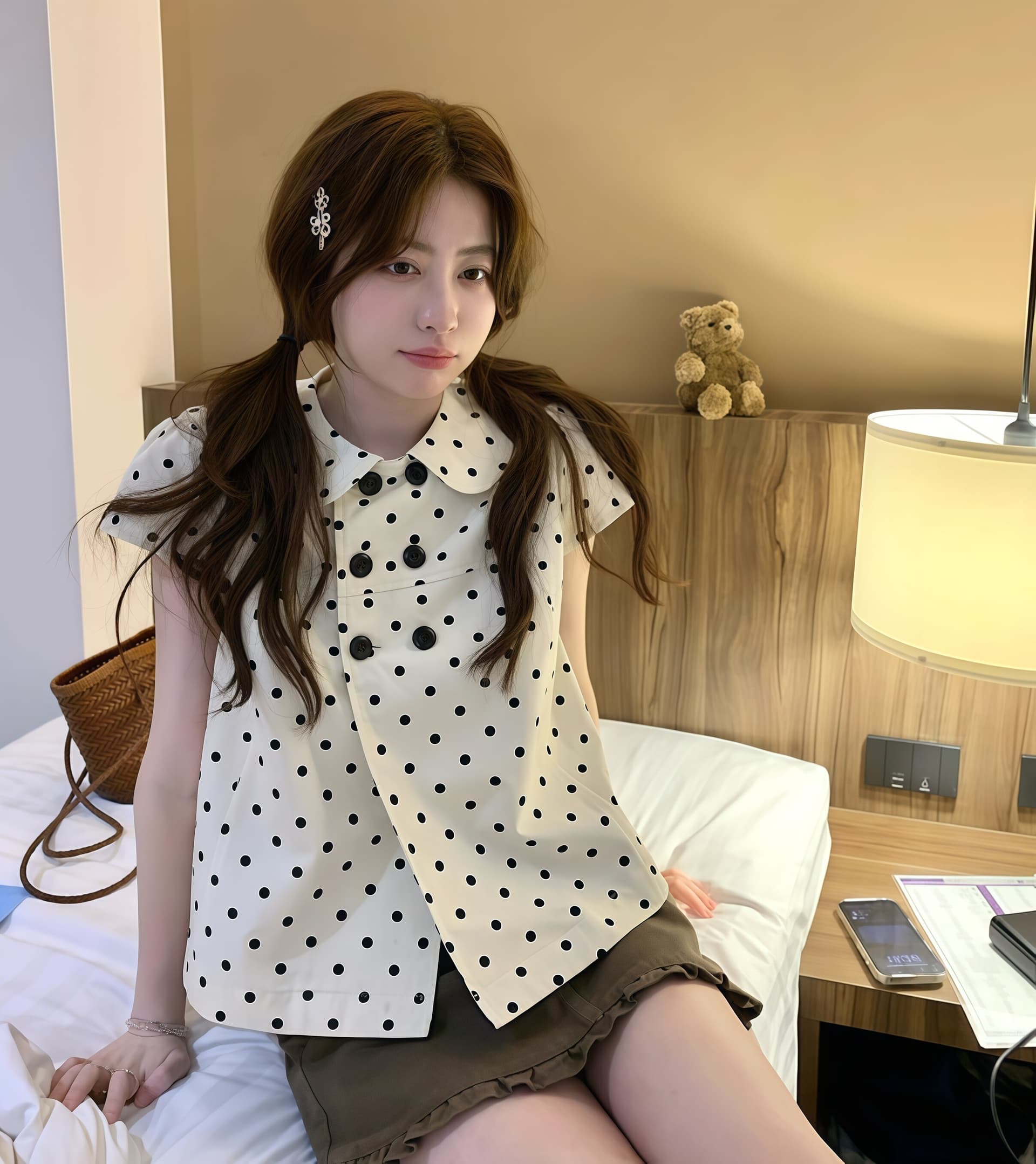 경관 그림 정가 여름 새로운 프랑스식 이중 버튼 도트 무늬 블라우스 디자인 센스 외국 가스 장난기 넘치는 반팔 맨위