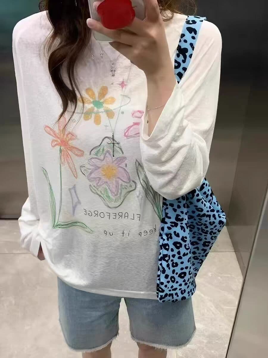 원본 원단 눈꽃 면 165 그램 아메리칸 레트로 색상 꽃 프린트 자외선 차단 블라우스 여성 이미지 4