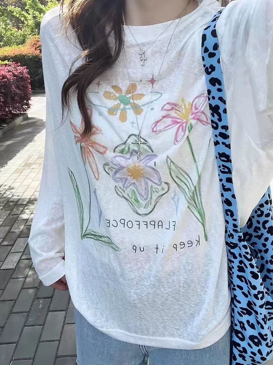 원본 원단 눈꽃 면 165 그램 아메리칸 레트로 색상 꽃 프린트 자외선 차단 블라우스 여성 상세 이미지 2