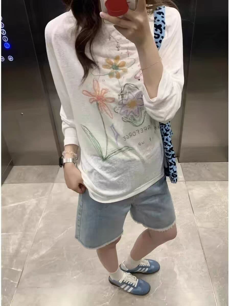 원본 원단 눈꽃 면 165 그램 아메리칸 레트로 색상 꽃 프린트 자외선 차단 블라우스 여성 상세 이미지 5