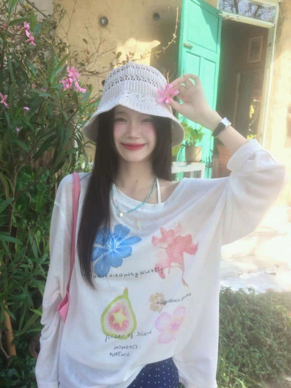 눈꽃 면 65 면 35 폴리에스터 165 그램 달콤함 도파민 작은 대중 자외선 차단 블라우스 티셔츠 여성