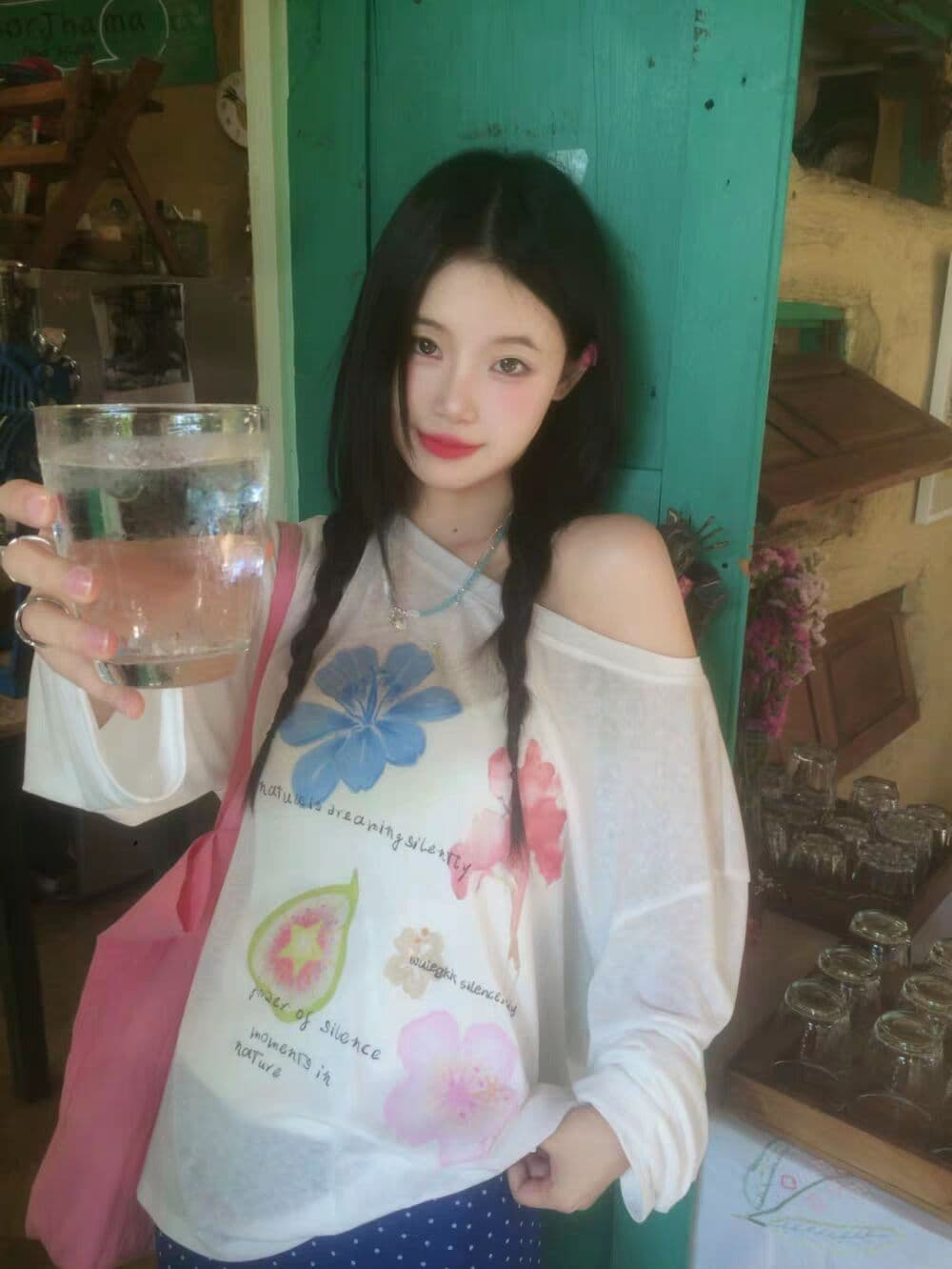 눈꽃 면 65 면 35 폴리에스터 165 그램 달콤함 도파민 작은 대중 자외선 차단 블라우스 티셔츠 여성 이미지 3