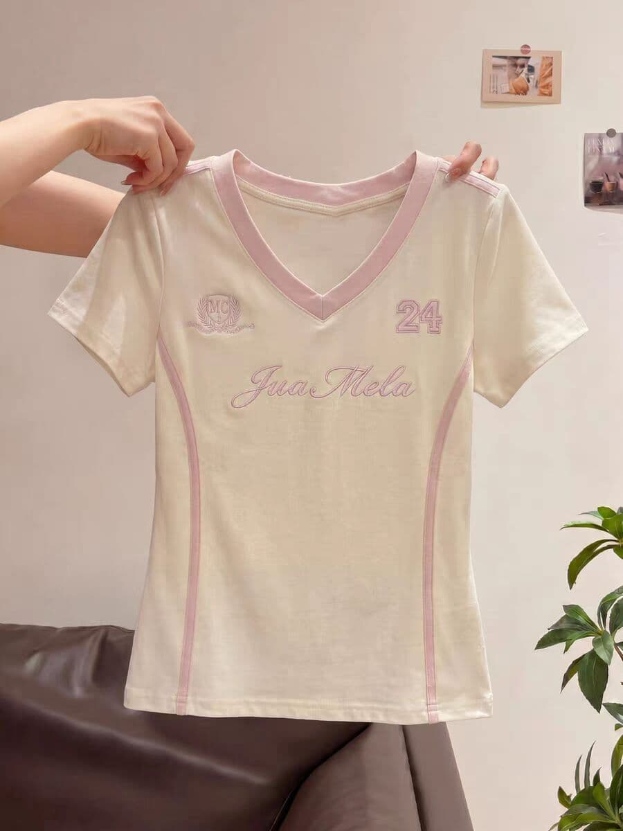 40 면 1 1 오스트리아 세대 서울 220 그램 이후 패키지 칼라 자수 네리 가게 천 V넥 알파벳 티셔츠 이미지 2