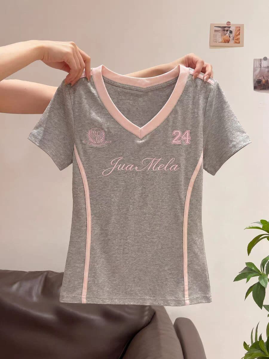 40 면 1 1 오스트리아 세대 서울 220 그램 이후 패키지 칼라 자수 네리 가게 천 V넥 알파벳 티셔츠 이미지 3